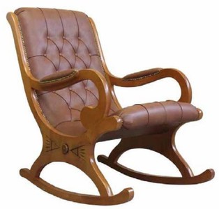Luxus Barock Jugendstil Leder Echtleder Schaukel Stuhl Sessel mit Armlehnen Braun Luxury Baroque Art Nouveau Leather Genuine Leather Rocking Chair Armchair with Armrests Brown