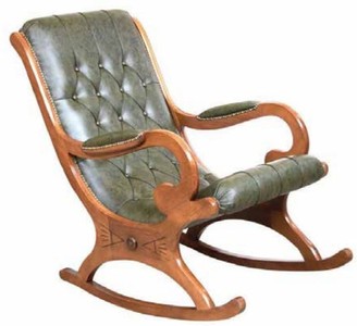 Luxus Barock Jugendstil Leder Echtleder Schaukel Stuhl Sessel mit Armlehnen Grün Braun Luxury Baroque Art Nouveau Leather Genuine Leather Rocking Chair Armchair with Armrests Green Brown