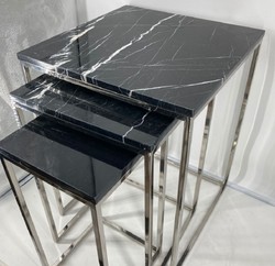 Casa Padrino ensemble de 3 tables d'appoint de luxe argent / noir - Tables en acier inoxydable avec plateau en marbre - Meubles de salon - Collection de luxe