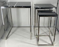 Casa Padrino ensemble de 3 tables d'appoint de luxe argent / noir - Tables en acier inoxydable avec plateau en marbre - Meubles de salon - Collection de luxe