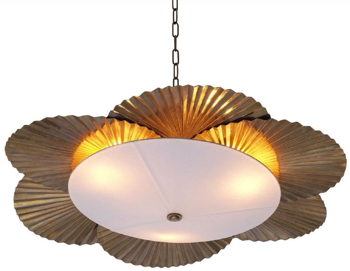 Casa Padrino Luxury Chandelier Palm Leaves Vintage Brass / White Ø 95 x H. 18 cm - Hotel & Restaurant Chandelier - Luxury Collection