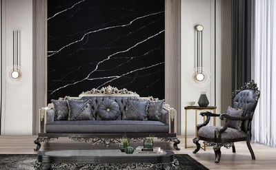Casa Padrino Luxus Barock Sofa Blau / Grau / Weiß / Schwarz / Silber - Prunkvolles Wohnzimmer Sofa mit elegantem Muster - Barock Wohnzimmer & Hotel Möbel - Edel & Prunkvoll