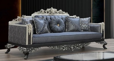 Casa Padrino canapé baroque de luxe bleu / gris / blanc / noir / argent - Magnifique canapé de salon avec motif élégant - Mobilier baroque salon & hôtel - Noble & Magnifique