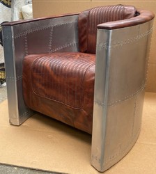 Casa Padrino fauteuil en cuir de luxe Art Déco marron vintage / argent - Fauteuil de salon en aluminium avec cuir véritable de haute qualité - Meuble en cuir véritable aviateur d'avion