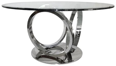 Runder Designer Esstisch Küchentisch mit Glasplatte Silber Round Designer Dining Table Kitchen Table with Glass Top Silver