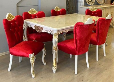 Casa Padrino conjunto de comedor barroco de lujo rojo / blanco / oro - 1 Mesa de Comedor Barroco y 6 Sillas de Comedor Barroco con Pedrería - Muebles de comedor estilo barroco - Muebles barrocos