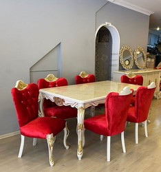 Casa Padrino conjunto de comedor barroco de lujo rojo / blanco / oro - 1 Mesa de Comedor Barroco y 6 Sillas de Comedor Barroco con Pedrería - Muebles de comedor estilo barroco - Muebles barrocos