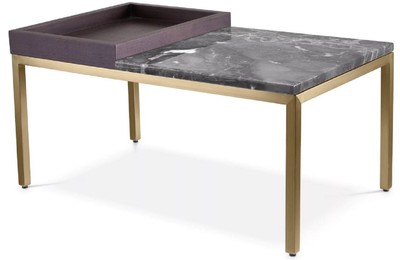 Casa Padrino tavolino di lusso ottone / marrone / grigio 70 x 40 x A. 35 cm - Tavolo rettangolare in ottone con impiallacciatura di noce e piano in marmo - Mobili di lusso - Arredamento di lusso