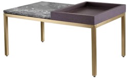 Casa Padrino table d'appoint de luxe laiton / marron / gris 70 x 40 x H. 35 cm - Table rectangulaire en laiton avec placage de noyer et plateau en marbre - Établissement de luxe - Meuble de luxe