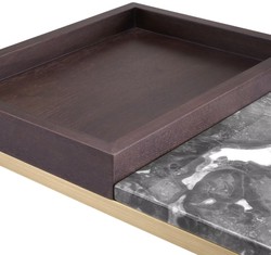 Casa Padrino table d'appoint de luxe laiton / marron / gris 70 x 40 x H. 35 cm - Table rectangulaire en laiton avec placage de noyer et plateau en marbre - Établissement de luxe - Meuble de luxe
