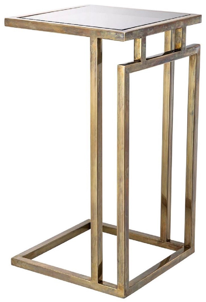 Luxus Edelstahl Beistelltisch mit Glasplatte Vintage Messing Grau Luxury Stainless Steel Side Table with Glass Top Vintage Brass Gray