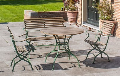 Casa Padrino ensemble de mobilier de jardin Art Nouveau de luxe naturel / vert - 1 Table de Jardin & 1 Banc de Jardin & 2 Chaises de Jardin - Mobilier de jardin - Mobilier de gastronomie