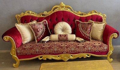 Casa Padrino luxury baroque sofa bordeaux red / multicolored / gold - Magnificent living room sofa with elegant pattern and rhinestones - Baroque style living room furniture - Baroque furniture