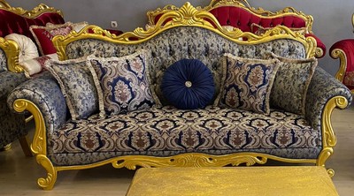 Casa Padrino luxury baroque sofa dark blue / beige / gold - Magnificent living room sofa with elegant pattern and rhinestones - Baroque style living room furniture - Baroque furniture