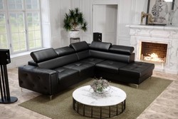 Casa Padrino sofá esquinero de cuero de lujo negro / plata 255 x 225 x A. 78-99 cm - Sofá de salón de cuero natural con reposacabezas ajustables - Muebles de salón de cuero - Muebles de lujo