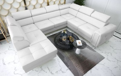 Luxus Leder Naturleder Wohnzimmer Sofa Ecksofa Wohnlandschaft Weiß Silber Luxury Leather Natural Leather Living Room Sofa Corner Sofa Living Area White Silver