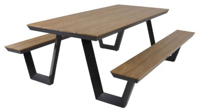 Garten Terrassen Gastronomie Tisch mit integrierten Sitzbänken Braun Anthrazit Garden Terrace Gastronomy Table with Integrated Benches Brown Anthracite