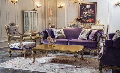 Casa Padrino conjunto de sala de estar barroco de lujo púrpura / oro / plata - 2 Sofás Barrocos y 2 Sillones Barrocos y 1 Mesa de Centro Barroco - Muebles de sala estilo barroco - Muebles barrocos