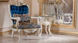 Casa Padrino set da soggiorno barocco di lusso blu / marrone / bianco / oro - 2 Divani Barocchi e 2 Poltrone Barocche e 1 Tavolo da Salotto Barocco - Mobili soggiorno stile barocco - Mobili barocchi