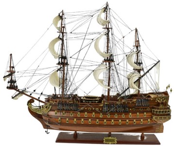 Casa Padrino vaisseau amiral San Felipe marron foncé / marron / laiton 95 x 29 x H. 90 cm - Bateau décoratif espagnol fait main - Bateau en bois - Navire de guerre - Accessoires de décoration
