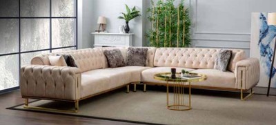 Casa Padrino canapé d'angle de luxe crème / marron / or 290 x 290 x H. 85 cm - Canapé de salon avec fonction couchage - Meuble de salon - Meuble de luxe - Ameublement de salon de luxe