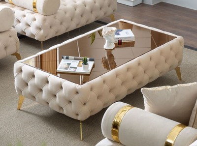Casa Padrino table basse Chesterfield de luxe crème / or / marron 140 x 80 x H. 45 cm - Table de salon avec plateau en verre - Meuble de salon - Meuble Chesterfield - Meuble de luxe