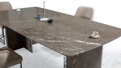 Casa Padrino Table à Manger de Luxe en Marbre Marron / Argent 220 x 110 x H. 75 cm - Table de Cuisine Rectangulaire en Marbre - Meubles de Salle à Manger - Meubles en Marbre - Meubles de Luxe