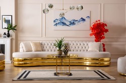 Casa Padrino sofá de 4 plazas Chesterfield de lujo crema / oro 340 x 105 x A. 82 cm - Sofá Chesterfield curvo de salón - Muebles de salón - Muebles Chesterfield - Muebles de lujo - Interior de lujo