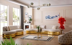 Casa Padrino sofá de 4 plazas Chesterfield de lujo crema / oro 340 x 105 x A. 82 cm - Sofá Chesterfield curvo de salón - Muebles de salón - Muebles Chesterfield - Muebles de lujo - Interior de lujo