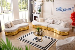 Casa Padrino sofá de 4 plazas Chesterfield de lujo crema / oro 340 x 105 x A. 82 cm - Sofá Chesterfield curvo de salón - Muebles de salón - Muebles Chesterfield - Muebles de lujo - Interior de lujo