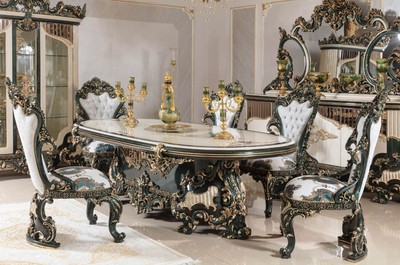 Casa Padrino conjunto de comedor barroco de lujo blanco / verde / oro - 1 Mesa de Comedor Barroco y 6 Sillas de Comedor Barrocos - Muebles de comedor barrocos - Muebles de lujo en estilo barroco