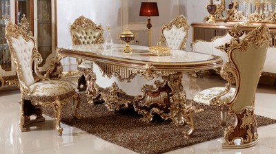 Casa Padrino conjunto de comedor barroco de lujo blanco / marrón / oro - 1 Mesa de Comedor Barroco y 6 Sillas de Comedor Barrocos - Muebles de comedor barrocos - Muebles de lujo en estilo barroco