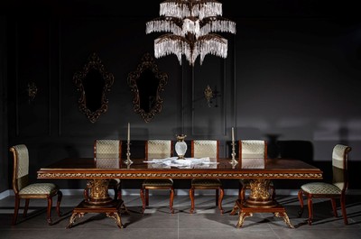 Casa Padrino conjunto de comedor barroco de lujo marrón / oro - 1 Enorme Mesa de Comedor Barroco y 14 Sillas de Comedor Barrocos - Muebles de comedor barrocos - Noble y Magnífico
