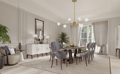 Casa Padrino Luxus Art Deco Esszimmer Set Grau / Lila / Braun / Gold - 1 Luxus Art Deco Esstisch & 8 Luxus Art Deco Esszimmerstühle - Art Deco Esszimmer Möbel - Luxus Qualität - Made in Italy