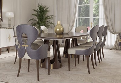 Casa Padrino Set da Pranzo Art Deco di Lusso Grigio / Viola / Marrone / Oro - 1 Tavolo da Pranzo Art Deco e 8 Sedie da Pranzo Art Deco - Mobili da Pranzo Art Deco - Fatto in Italia