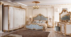 Casa Padrino conjunto de dormitorio barroco de lujo blanco / marrón / oro / turquesa - 1 Tocador de Maquillaje Barroco y 1 Espejo Barroco y 1 Taburete Barroco - Muebles de dormitorio barrocos