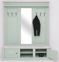 Landhausstil Massivholz Garderobe mit Spiegel Mintgrün Grau Country Style Solid Wood Wardrobe with Mirror Mint Green Gray