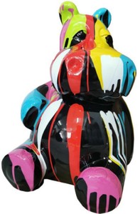 Casa Padrino escultura de diseño hipopótamo sentado negro / multicolor A. 48 cm - Escultura decorativa - Figura decorativa salón - Figura decorativa jardín - Figura decorativa animal