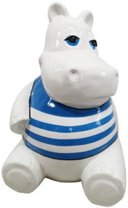 Casa Padrino escultura de diseño hipopótamo sentado blanco / azul A. 48 cm - Escultura decorativa - Figura decorativa salón - Figura decorativa jardín - Figura decorativa animal