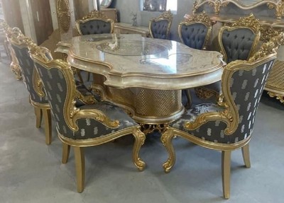 Casa Padrino conjunto de comedor barroco de lujo multicolor / gris / oro - 1 Mesa de Comedor Barroco y 8 Sillas de Comedor Barrocos - Muebles de lujo de comedor barrocos - Noble y Magnífico