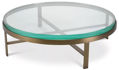 Casa Padrino Luxus Couchtisch Messing Ø 97,5 x H. 30 cm - Runder Wohnzimmertisch mit Glasplatte - Wohnzimmer Möbel - Luxus Möbel - Wohnzimmer Einrichtung - Luxus Einrichtung