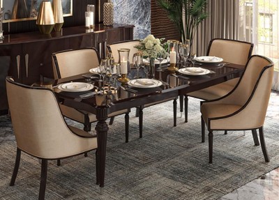 Casa Padrino set da pranzo Art Deco di lusso beige / marrone scuro lucido / argento - 1 Tavolo da Pranzo Art Deco e 6 Sedie da Pranzo Art Deco - Mobili da Pranzo Art Deco - Qualità di Lusso