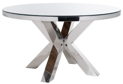Casa Padrino mesa de comedor de lujo plata / marrón Ø 140 x A. 75 cm - Mesa de cocina de acero inoxidable con tablero de madera maciza y tablero de vidrio - Muebles de comedor - Muebles de lujo