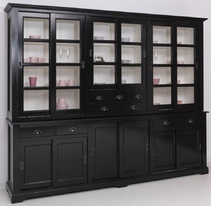 Casa Padrino Landhausstil Esszimmerschrank Schwarz / Weiß 280 x 55 x H. 225 cm - Massivholz Küchenschrank - Esszimmer Möbel im Landhausstil - Landhausstil Esszimmer Einrichtung