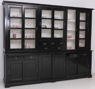 Casa Padrino Landhausstil Esszimmerschrank Schwarz / Weiß 280 x 55 x H. 225 cm - Massivholz Küchenschrank - Esszimmer Möbel im Landhausstil - Landhausstil Esszimmer Einrichtung