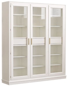 Casa Padrino Luxus Bücherschrank mit 3 Türen und LED Beleuchtung Weiß 200 x 45 x H. 230 cm - Massivholz Schrank - Wohnzimmerschrank - Regalschrank - Büroschrank - Luxus Möbel - Luxus Einrichtung