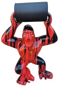 Casa Padrino escultura decorativa de lujo mono gorila con barril rojo / negro A. 140 cm - Figura decorativa grande XXL - Escultura decorativa XXL - Esculturas y figuras decorativas XXL