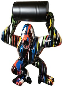 Casa Padrino escultura decorativa de lujo mono gorila con barril negro / multicolor A. 140 cm - Figura decorativa grande XXL - Escultura decorativa XXL - Esculturas y figuras decorativas XXL