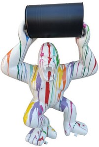 Casa Padrino escultura decorativa de lujo mono gorila con barril blanco / multicolor / negro A. 140 cm - Figura decorativa grande XXL - Escultura decorativa XXL - Esculturas y figuras XXL