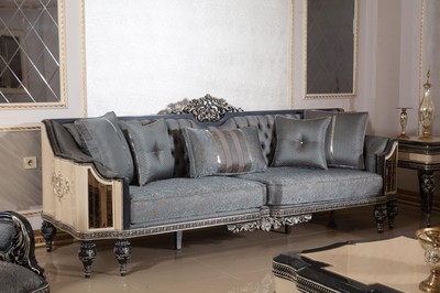 Casa Padrino Luxus Barock Wohnzimmer Set Hellblau / Beige / Schwarz / Gold - 2 Sofas & 2 Sessel & 1 Couchtisch & 2 Beistelltische - Handgefertigte Wohnzimmer Möbel im Barockstil - Edel & Prunkvoll